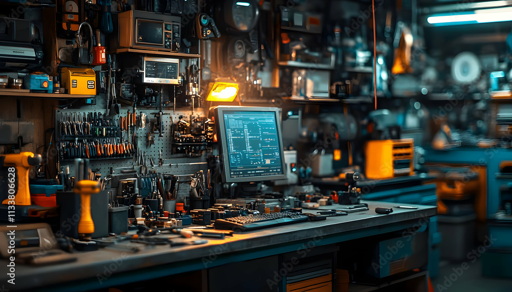 A cluttered workshop filled with tools, equipment, and a computer monitor for repairs. A cluttered workshop filled with tools, equipment, and a computer monitor for repairs.