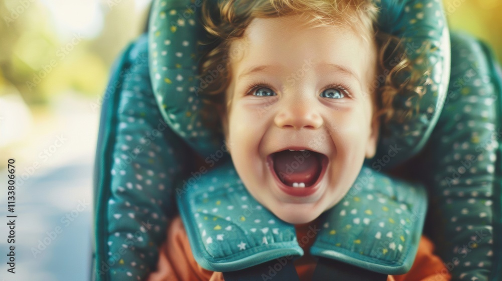 A cheerful toddler with curly hair sits in a car seat, beaming with excitement during a drive on a sunny day A cheerful toddler with curly hair sits in a car seat, beaming with excitement during a drive on a sunny day