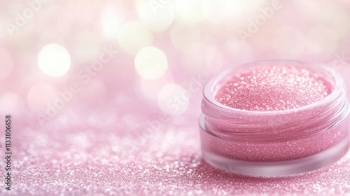 A jar filled with soft pink glitter sits on a sparkling surface, illuminated by dreamy bokeh highlights that enhance its beauty