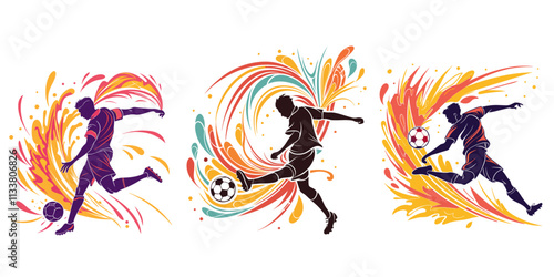 A 3D sports-themed design featuring a soccer player surrounded by an explosion of abstract, colorful paint strokes, highlighting motion and energy
