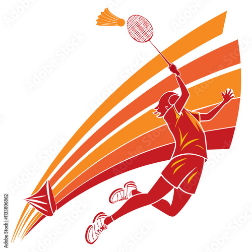 a badminton player leaping to hit a shuttlecock,  vibrant orange and red gradients on a white background