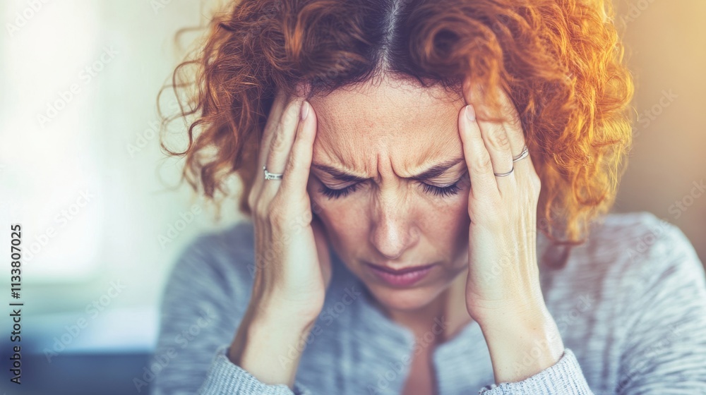 A woman experiences a headache while working at her desk, displaying signs of stress and discomfort in a well-lit office space A woman experiences a headache while working at her desk, displaying signs of stress and discomfort in a well-lit office space