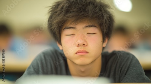 A tired student with closed eyes resting in a classroom, reflecting fatigue, stress, or boredom during a study session. photo