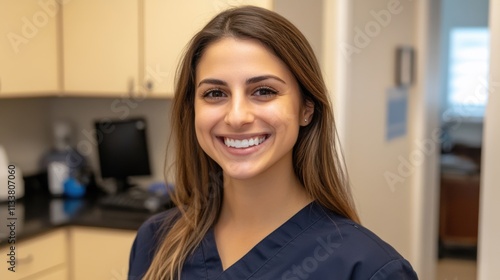 Dental hygienist stands in a contemporary clinic with a welcoming smile, ready to assist patients with oral care Free Download Dental hygienist stands in a contemporary clinic with a welcoming smile, ready to assist patients with oral care - GFXLoad