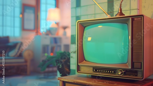 A vintage television with a green screen,  sitting on a wooden table with a blurred out background of an interior design. photo