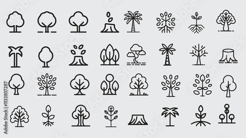 Tree Icons Pack Minimalist Line Art for Nature and Environment Designs