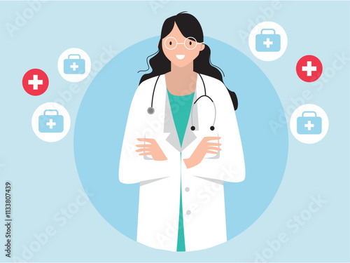Happy doctor standing confidently. Medical illustrations. Flat vector illustrations