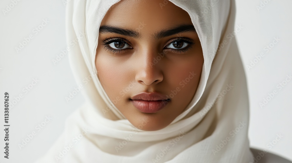 Closeup Portrait of a Young Woman in a White Hijab,  Exuding Elegance and Serenity
