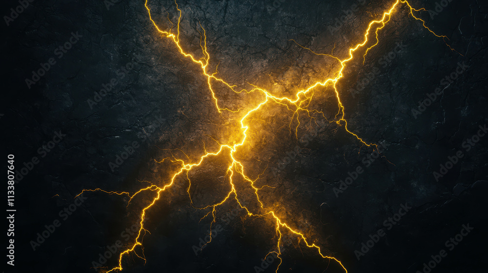 Fototapeta premium Vibrant Yellow Lightning Bolts Arcing Through Dark Background in Stunning Detail