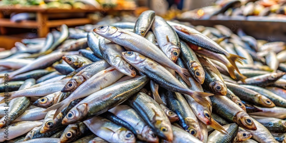 Pile of fresh sardines on display at a bustling fish market , seafood, market, fish, display, freshness, traditional Pile of fresh sardines on display at a bustling fish market , seafood, market, fish, display, freshness, traditional