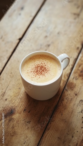 A warm cup of spiced beverage on a rustic wooden table.