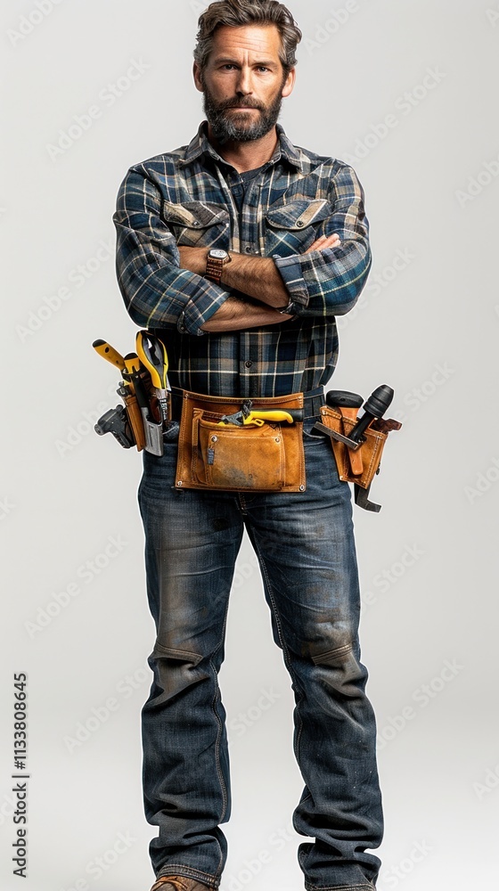 Confident handyman with tools on belt, arms crossed. Confident handyman with tools on belt, arms crossed.