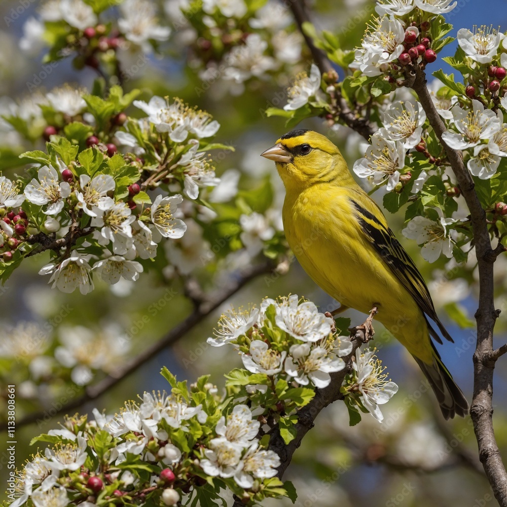 A bright yellow finch perched on a blossoming hawthorn tree. A bright yellow finch perched on a blossoming hawthorn tree.