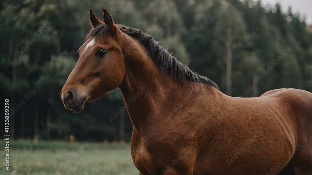 Brown Horse Standing In A Field With A Forest Background Brown Horse Standing In A Field With A Forest Background