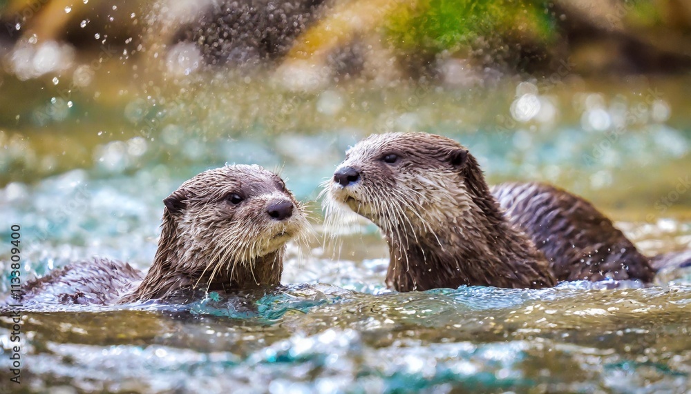 Playful Otters Swimming Together in Crystal Clear River in Natural Habitat Playful Otters Swimming Together in Crystal Clear River in Natural Habitat