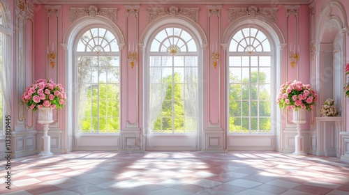 Luxury Palace hall Interior with big windows and pink walls decorated with frescoes and murals roses and flowers compositions. Wedding background. Classic castle interior