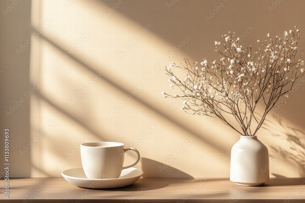 Soft and Warm Minimalist Coffee Scene with Toned Backdrop and Delicate Flower Arrangement Soft and Warm Minimalist Coffee Scene with Toned Backdrop and Delicate Flower Arrangement
