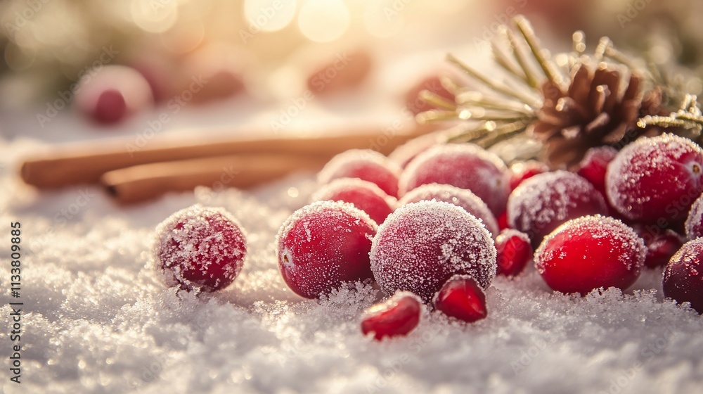 Frosted cranberries, pomegranates, pine cone, cinnamon on snow. Frosted cranberries, pomegranates, pine cone, cinnamon on snow.