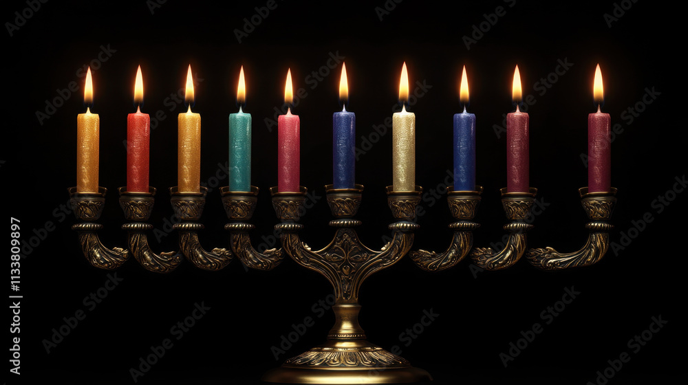 Fototapeta premium traditional brass menorah with colorful candles lit for Hanukkah, symbolizing joy and celebration. warm glow creates festive atmosphere