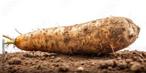 Close-up shot of a long yam tuber with dirt still clinging to its rough skin, long yam, tuber, root vegetable, fresh photo