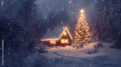 winter atmosphere in the middle of the forest, with houses and Christmas trees, and trees covered in white snow.