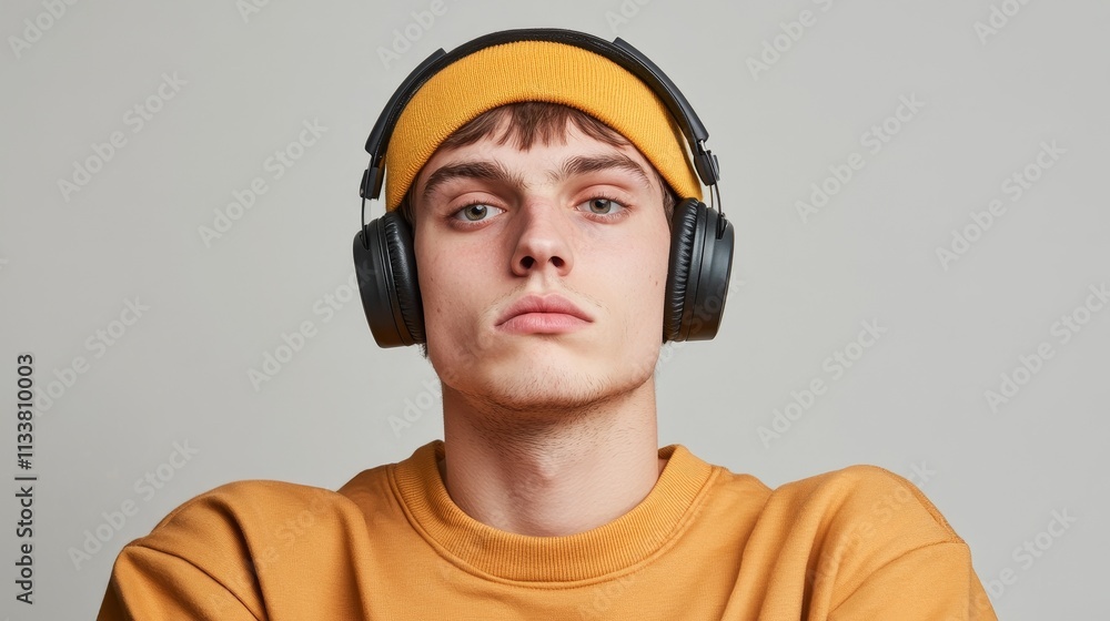 Fashionable young men wearing oversized headphones, with thoughtful expressions, wearing fashionable clothing with a strong cinematic feel, showcasing happiness and aesthetic atmosphere Fashionable young men wearing oversized headphones, with thoughtful expressions, wearing fashionable clothing with a strong cinematic feel, showcasing happiness and aesthetic atmosphere