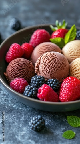 A bowl of assorted ice cream scoops with fresh berries and mint leaves.