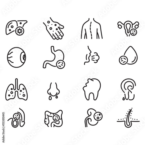 Collection of icons for various internal and general diseases. Thin line vector, containing icons such as indigestion, flu and more.