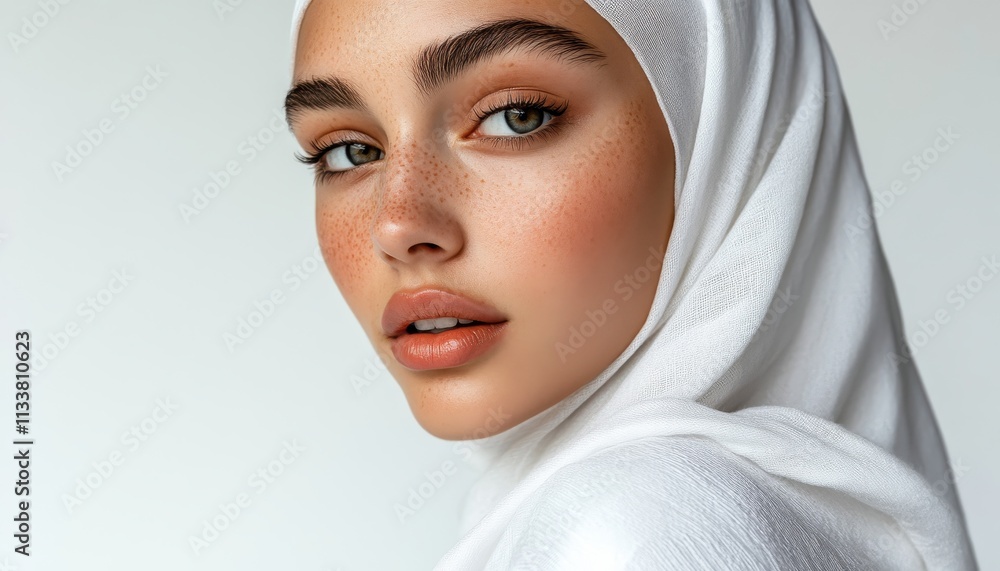 Closeup Portrait of a Young Woman Wearing a White Hijab, Elegant and Serene Beauty Shot Closeup Portrait of a Young Woman Wearing a White Hijab, Elegant and Serene Beauty Shot