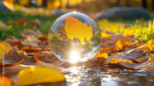 Wallpaper Mural Beautiful USA globe crafted from glass resting on a natural forest floor with sunlight highlighting its contours evoking themes of sustainability and balance. Torontodigital.ca