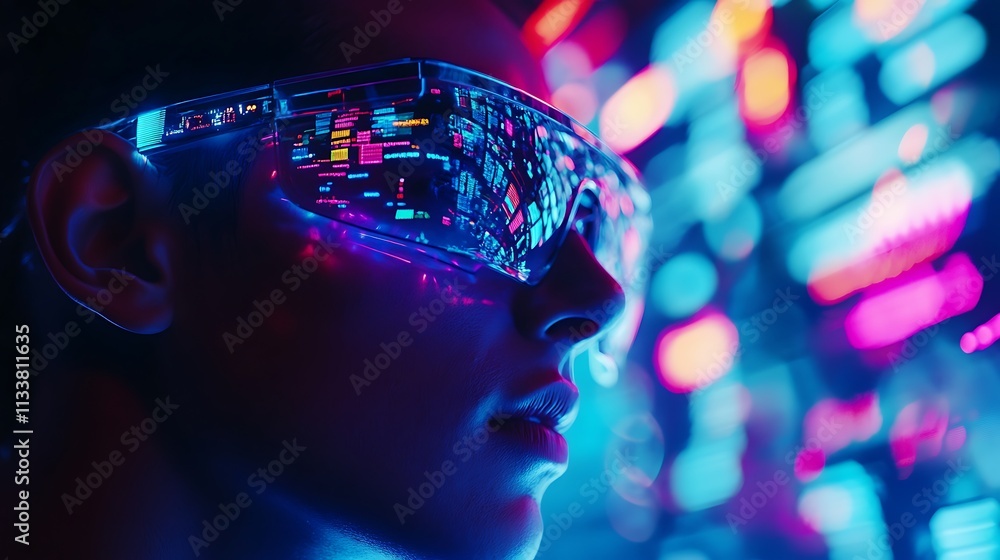 Woman Wearing Futuristic Augmented Reality Glasses Woman Wearing Futuristic Augmented Reality Glasses