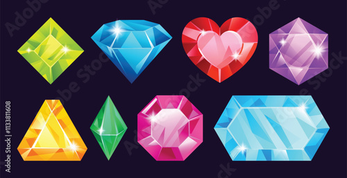 Set of colorful gemstones in various shapes, including heart, diamond, and emerald cuts. Vector cartoon illustration