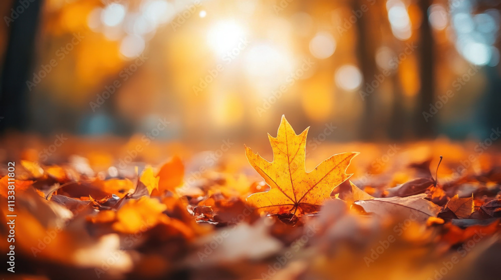 Autumn leaves cover ground, illuminated by warm sunlight, creating serene and vibrant atmosphere. golden hues evoke sense of tranquility and beauty Autumn leaves cover ground, illuminated by warm sunlight, creating serene and vibrant atmosphere. golden hues evoke sense of tranquility and beauty