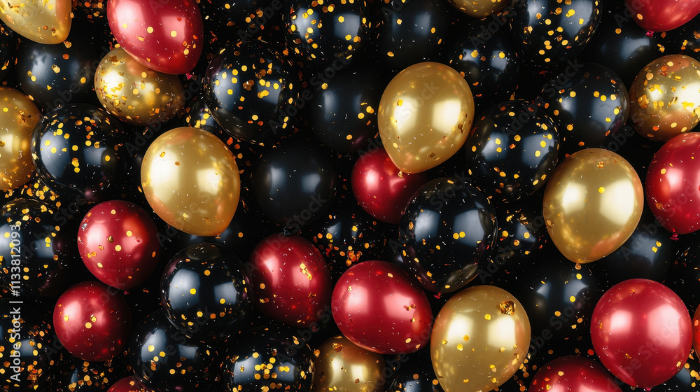 Colorful balloons in black, red, and gold with confetti create festive atmosphere, perfect for celebrations and parties Colorful balloons in black, red, and gold with confetti create festive atmosphere, perfect for celebrations and parties