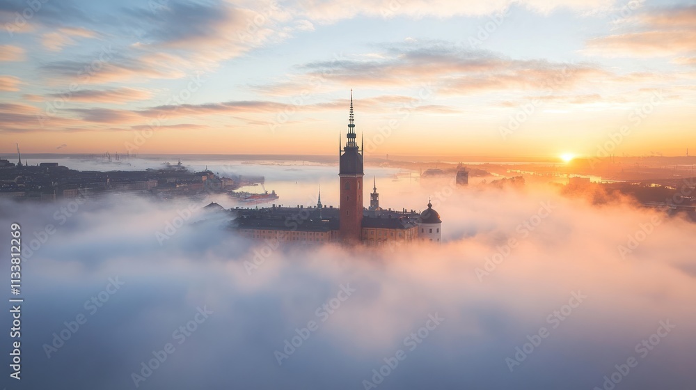 Fototapeta premium A serene sunrise over a fog-covered cityscape, highlighting a prominent tower.