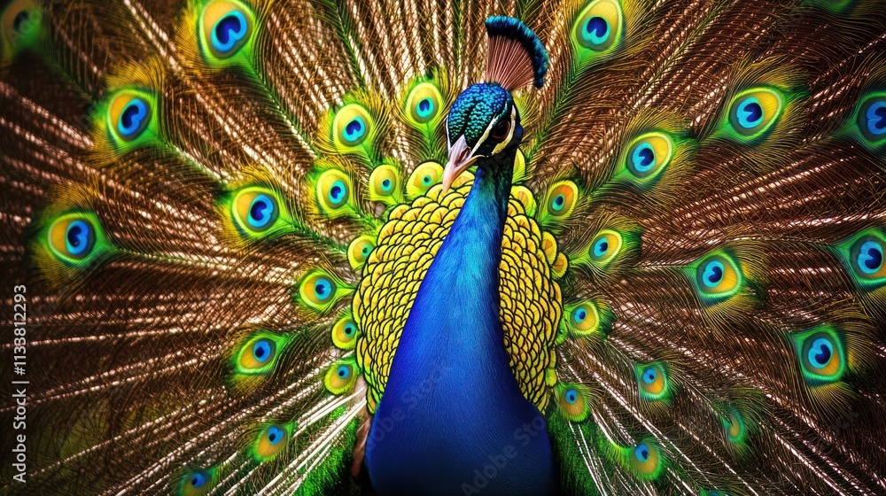 Fototapeta premium Majestic Peacock in Full Display: A Vibrant Portrait of Nature's Beauty