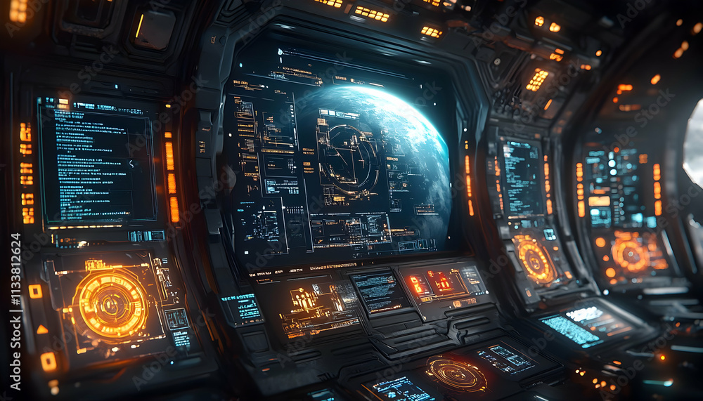 Futuristic spacecraft control room with a view of Earth and advanced digital interfaces. Futuristic spacecraft control room with a view of Earth and advanced digital interfaces.