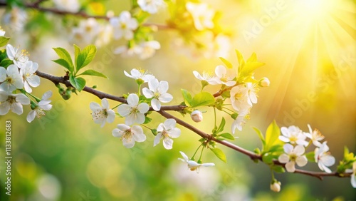 Delicate branch with blooming flowers and green leaves under soft sunlight, nature, spring, floral, delicate, beauty, branch