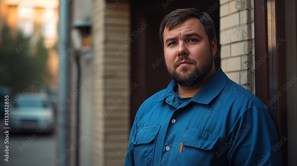 A plump, tired man in a blue work shirt stands in front of the apartment threshold, looking weary and cautious, reflecting the life of a hardworking, humble individual in a gloomy, quiet atmosphere. A plump, tired man in a blue work shirt stands in front of the apartment threshold, looking weary and cautious, reflecting the life of a hardworking, humble individual in a gloomy, quiet atmosphere.