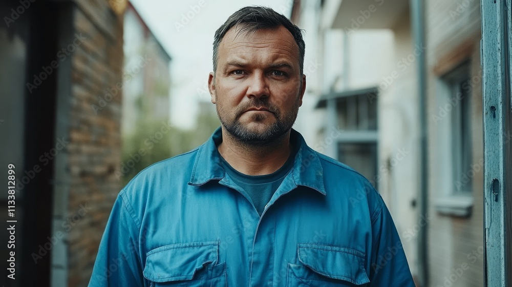 A plump, tired man in a blue work shirt stands in front of the apartment threshold, looking weary and cautious, reflecting the life of a hardworking, humble individual in a gloomy, quiet atmosphere. A plump, tired man in a blue work shirt stands in front of the apartment threshold, looking weary and cautious, reflecting the life of a hardworking, humble individual in a gloomy, quiet atmosphere.