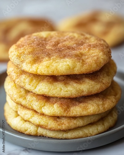 A stack of golden, freshly baked cookies on a gray plate, inviting and delicious.