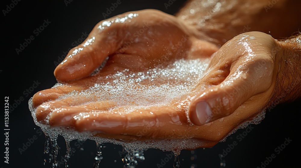 Fototapeta premium Hands cupping water with bubbles, illustrating cleanliness and freshness.