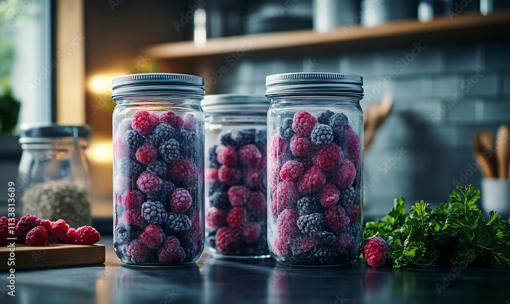 Frozen raspberries and blackberries in glass jars on kitchen counter. Frozen raspberries and blackberries in glass jars on kitchen counter.