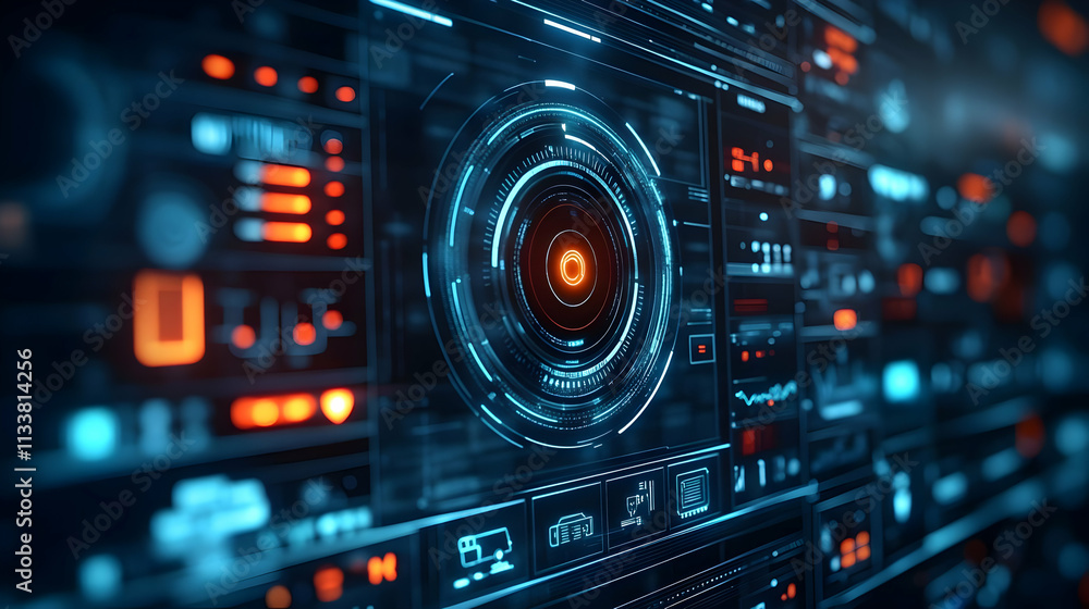 A futuristic interface displaying digital controls and data visualization elements. A futuristic interface displaying digital controls and data visualization elements.