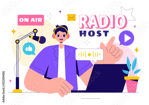 Radio Host Illustration Featuring People Wearing Headphones While Talking and Recording an Audio Podcast Show or Media Broadcasting in a Background