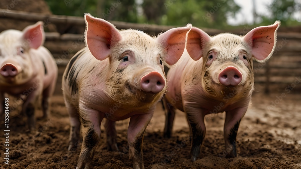 Three Pigs Standing in the Dirt Looking at Camera Three Pigs Standing in the Dirt Looking at Camera