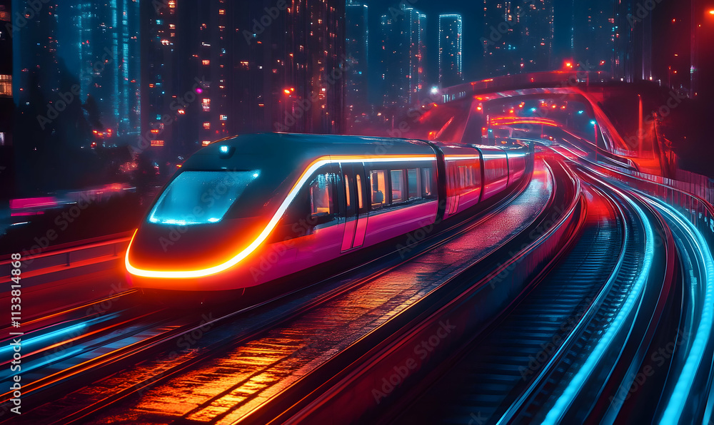 Fototapeta premium A futuristic train speeds through a vibrant, illuminated cityscape at night.