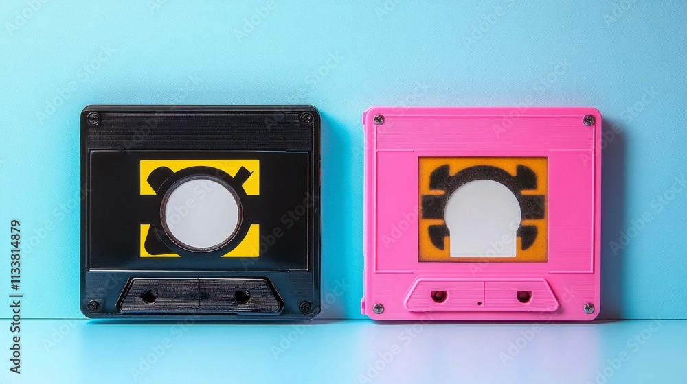 Obraz premium Retro cassette tape in vibrant pastel colors, isolated on a clean background, with a blank label for customization. Nostalgic and perfect for creative projects.
