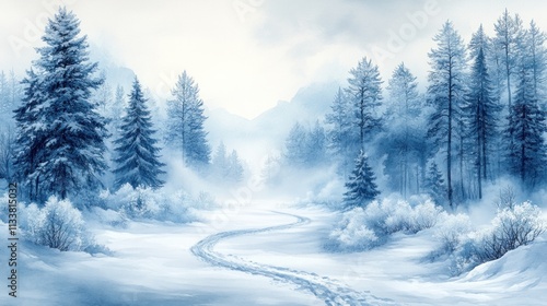 Wallpaper Mural Serene winter landscape snow-covered path winding through a frosty forest, leading to distant mountains under a misty sky. Torontodigital.ca