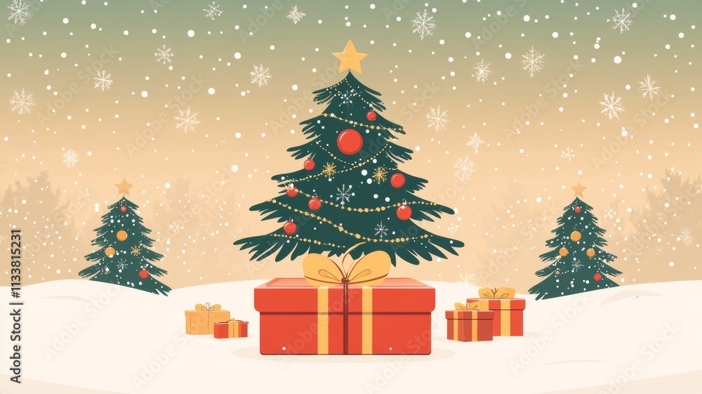 Obraz premium Merry Christmas Winter Landscape with Decorated Tree and Presents.